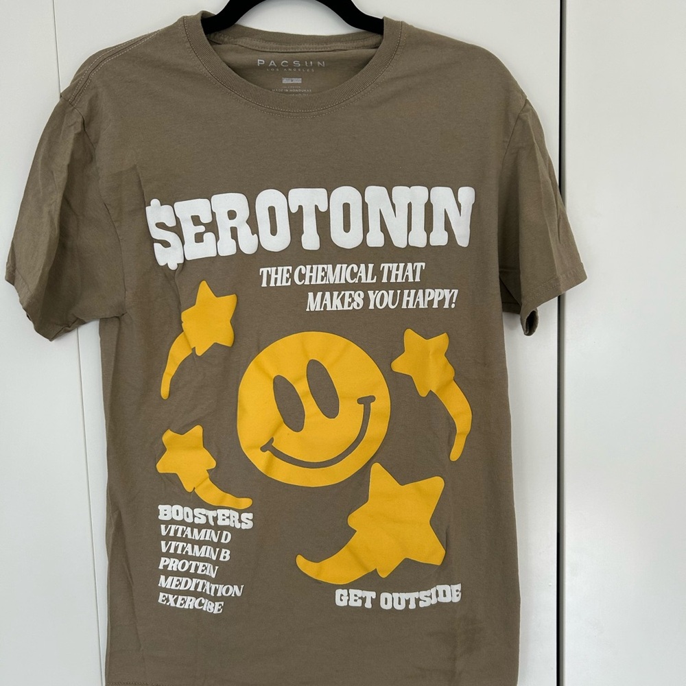 EUC Olive Green and Yellow Short Sleeve Tee with Serotonin Print
